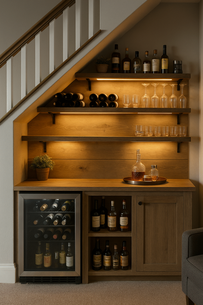 Modern basement bar with matte‑black panels and LED‑lit shelves.