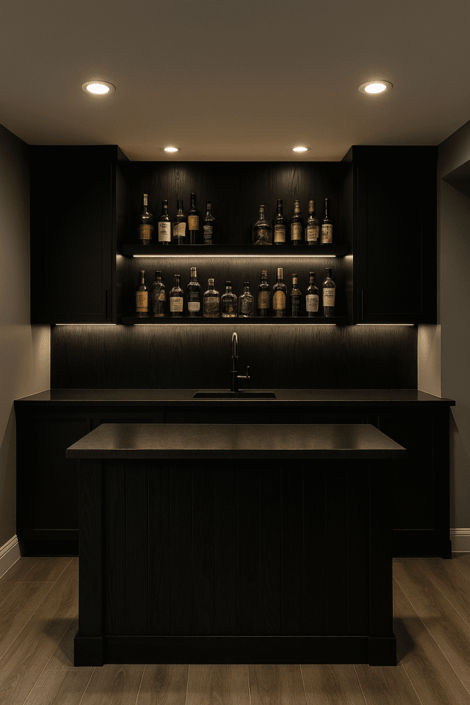 Modern basement bar with matte‑black panels and LED‑lit shelves.