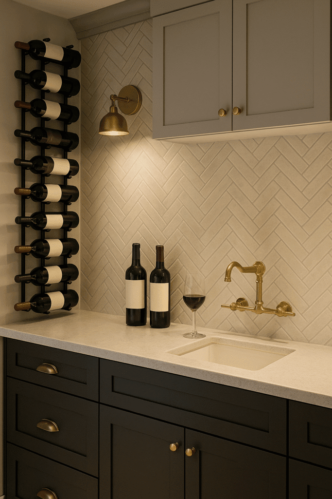 Basement wine wall with metal pegs and slim quartz tasting shelf.