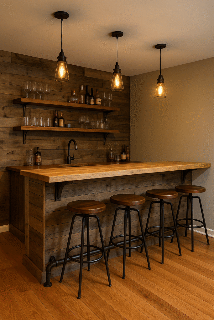 Rustic basement bar with barnwood panels and butcher‑block top.