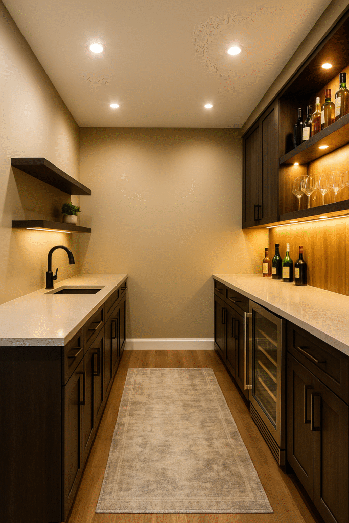 Galley‑style basement bar with parallel counters and a built‑in cooler.