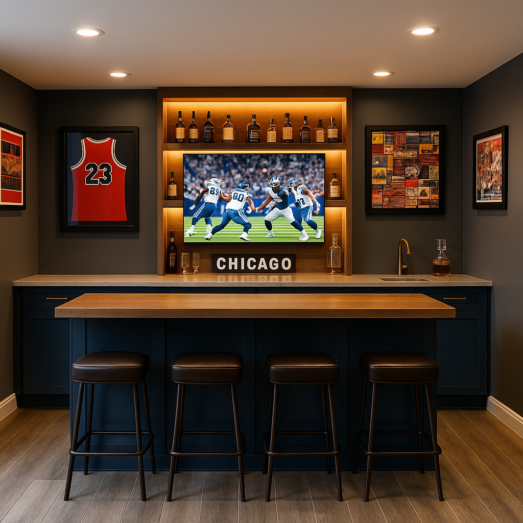 Basement bar with sports memorabilia, large TV and navy cabinets.