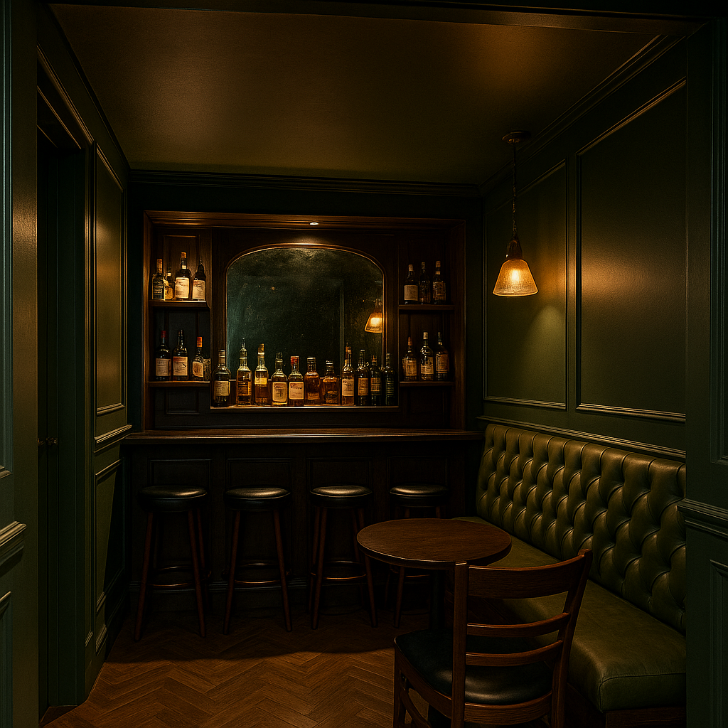 Speakeasy‑style basement bar with dark walls and tufted seating.