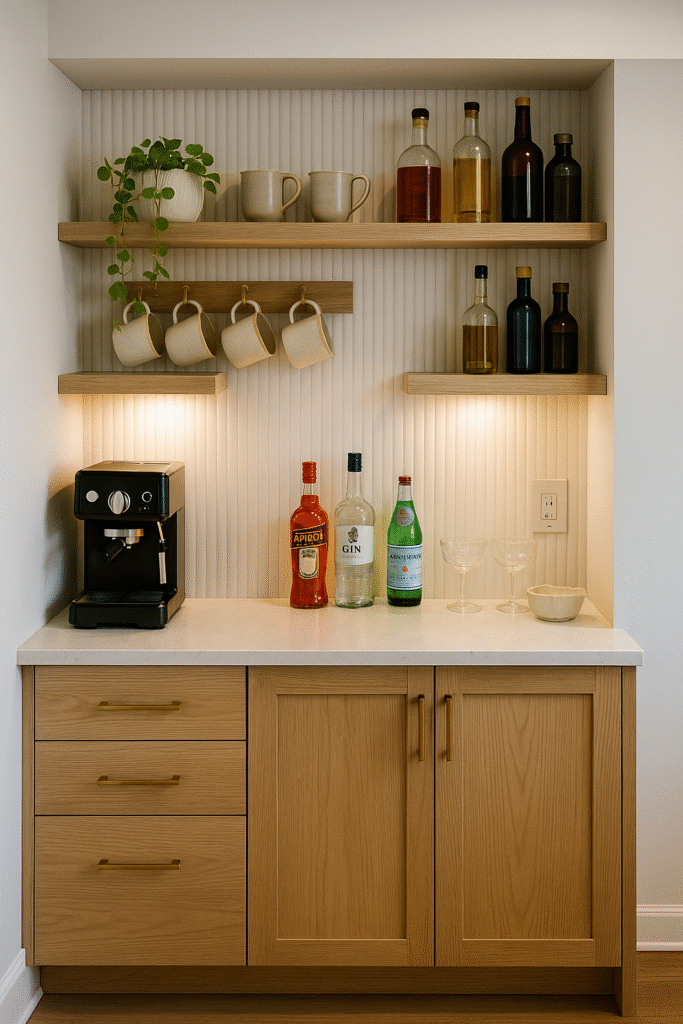 Basement coffee and mocktail station with oak cabinets and mugs.
