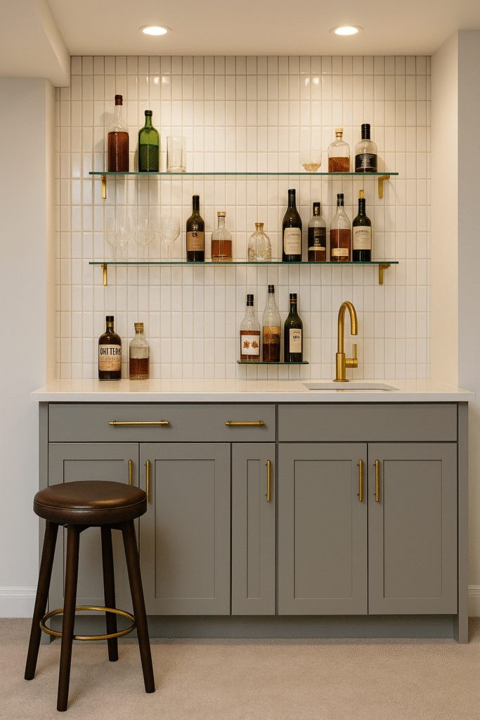 Statement bar with tile backsplash reaching the ceiling and brass fixtures.