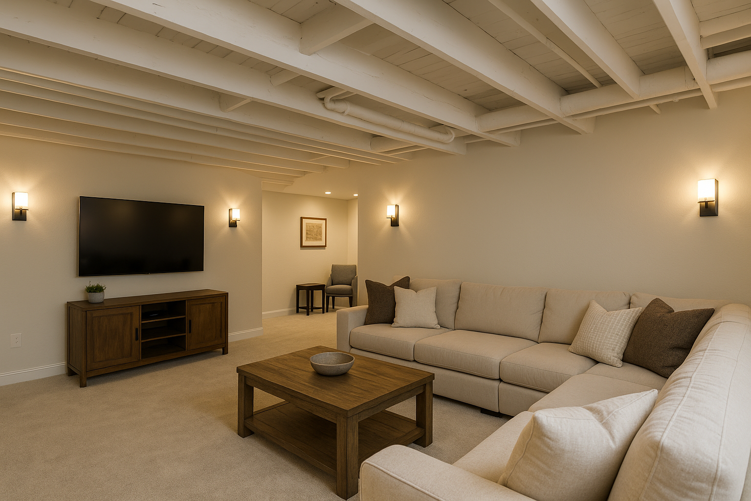 Cozy basement with exposed beams and pipes painted white, sectional sofa and warm lighting.
