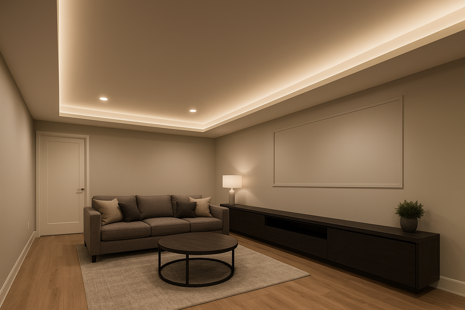 Modern basement with smooth stretch-style ceiling and cove lighting.