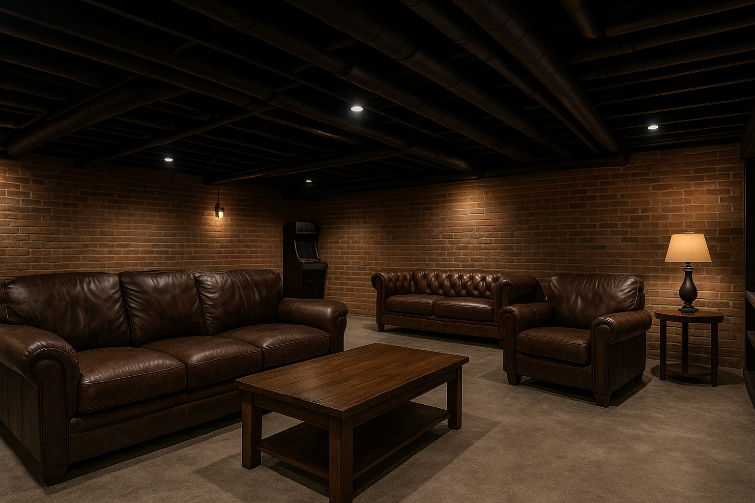 Industrial-style basement with dark exposed beams and pipes, brick walls and leather seating.