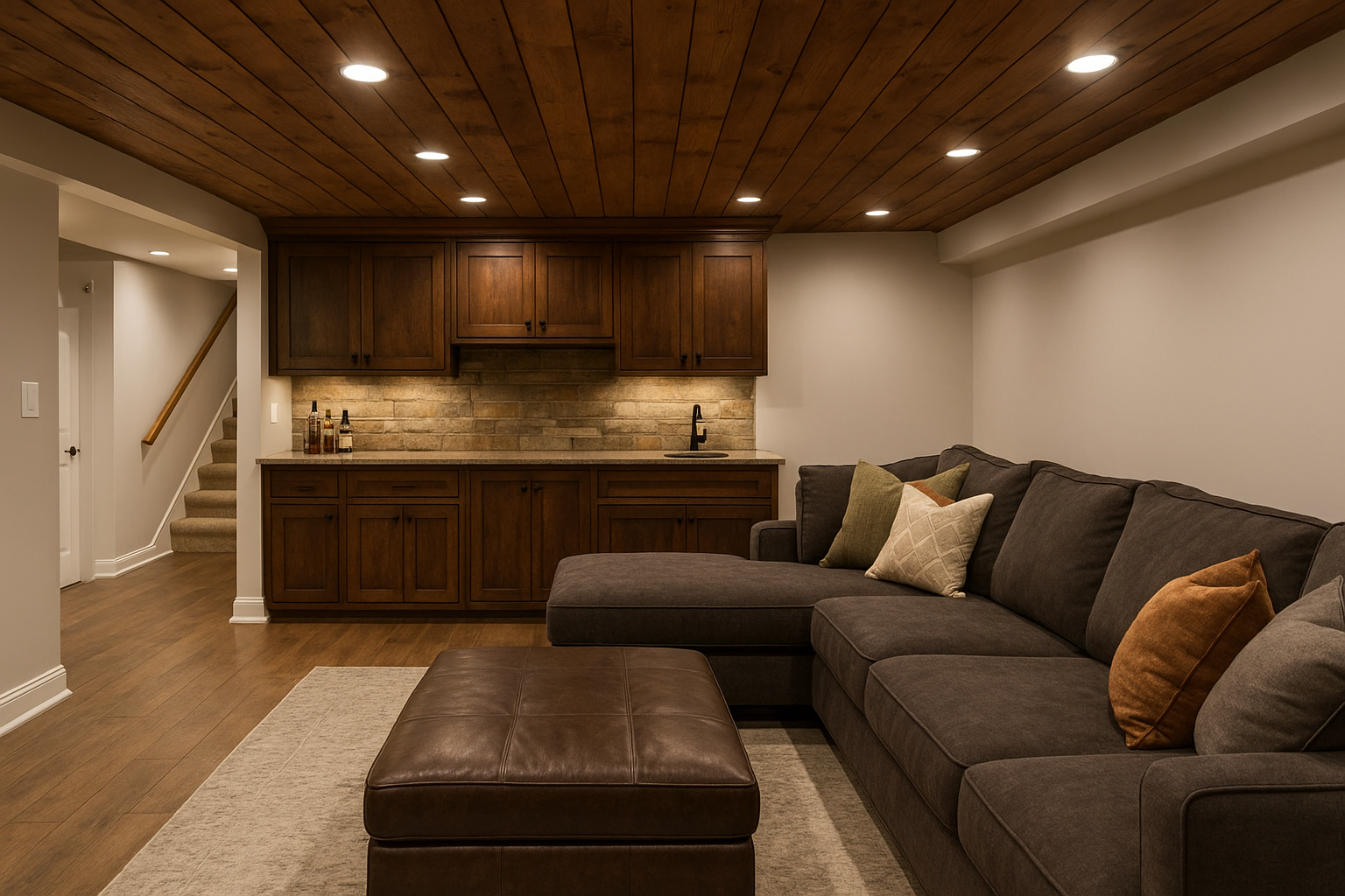 Basement with warm wood plank ceiling, recessed lights and a built‑in bar.
