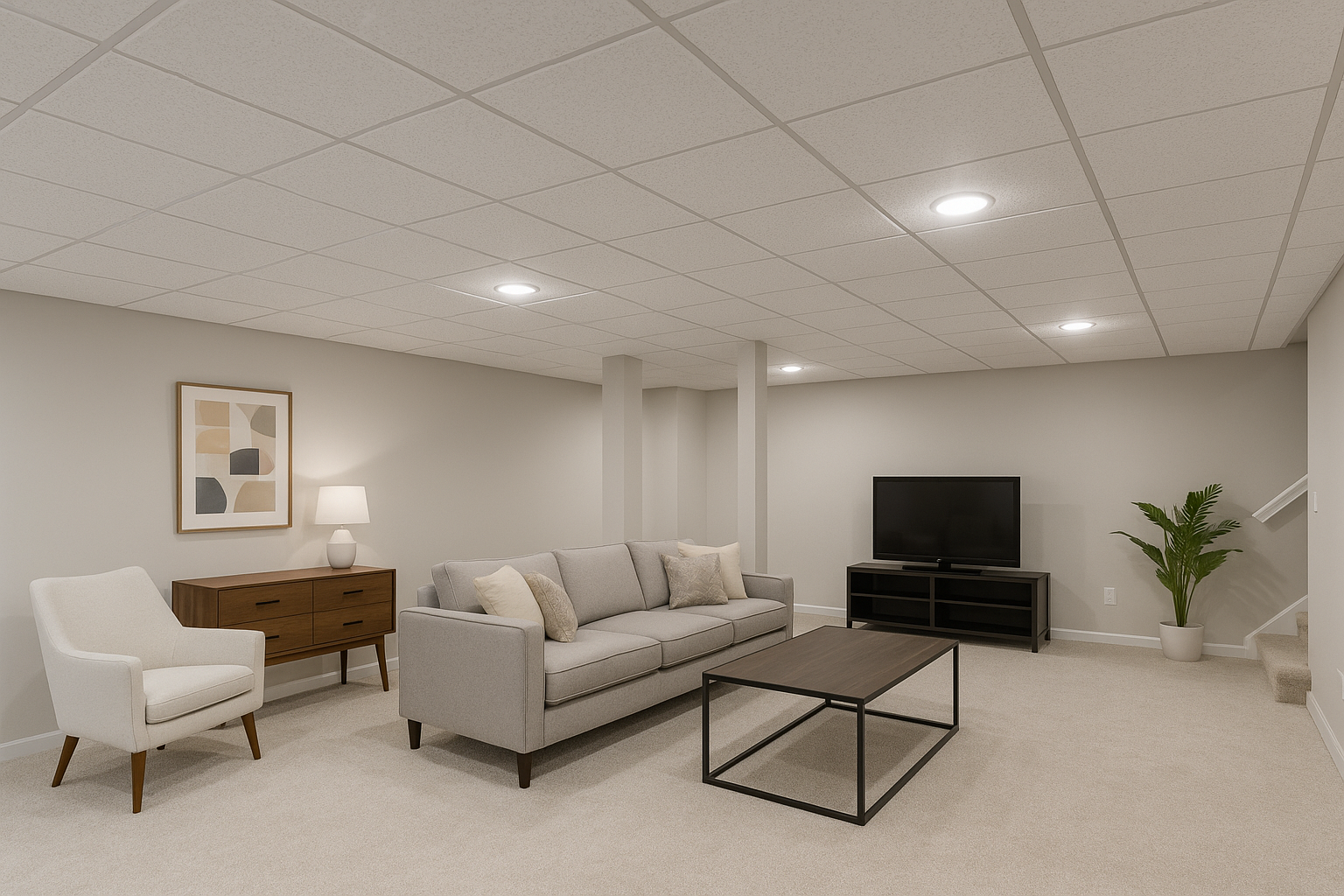 Basement living area with white suspended ceiling grid and tiles.