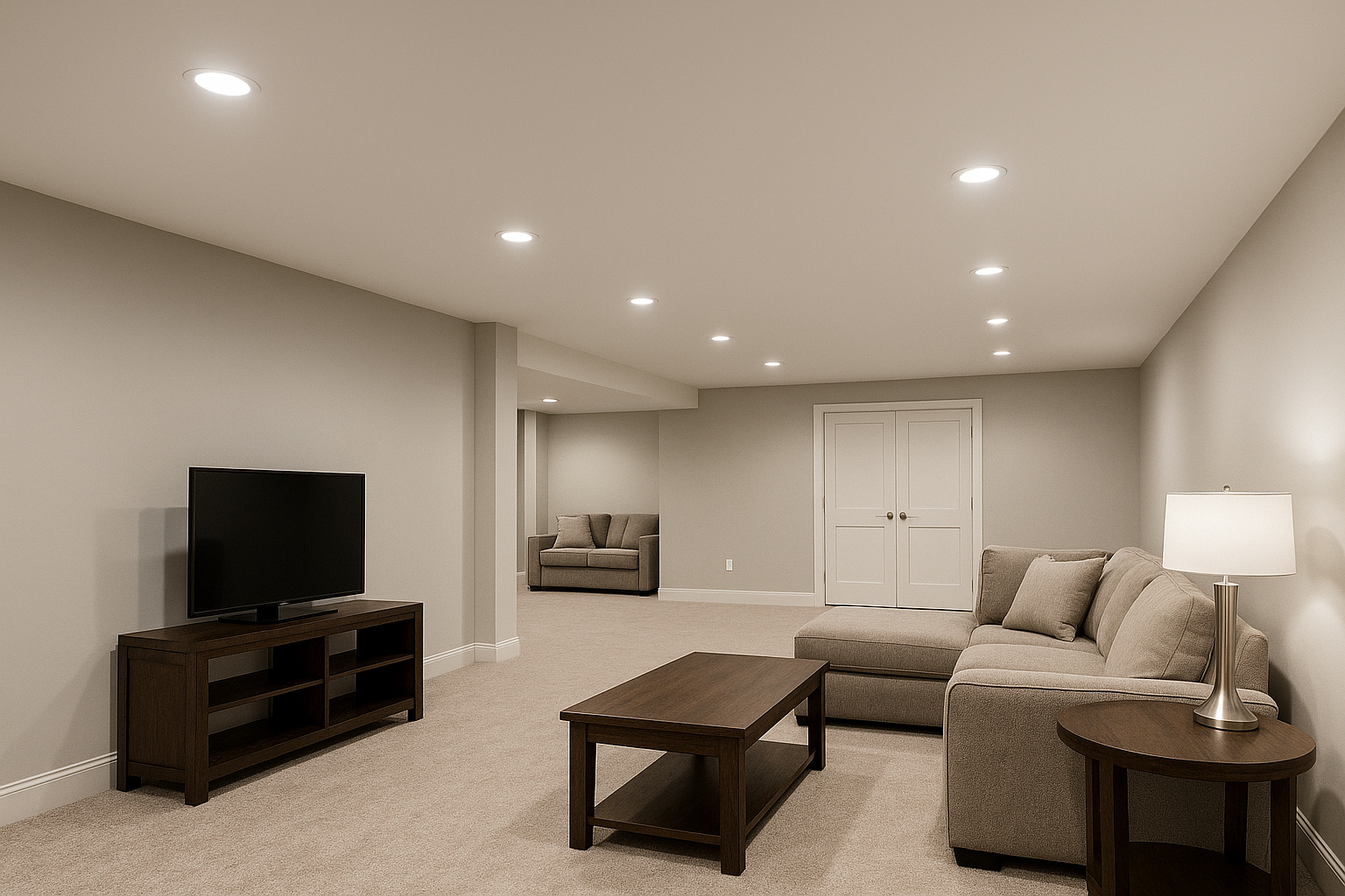 Finished basement with smooth drywall ceiling and recessed lights.