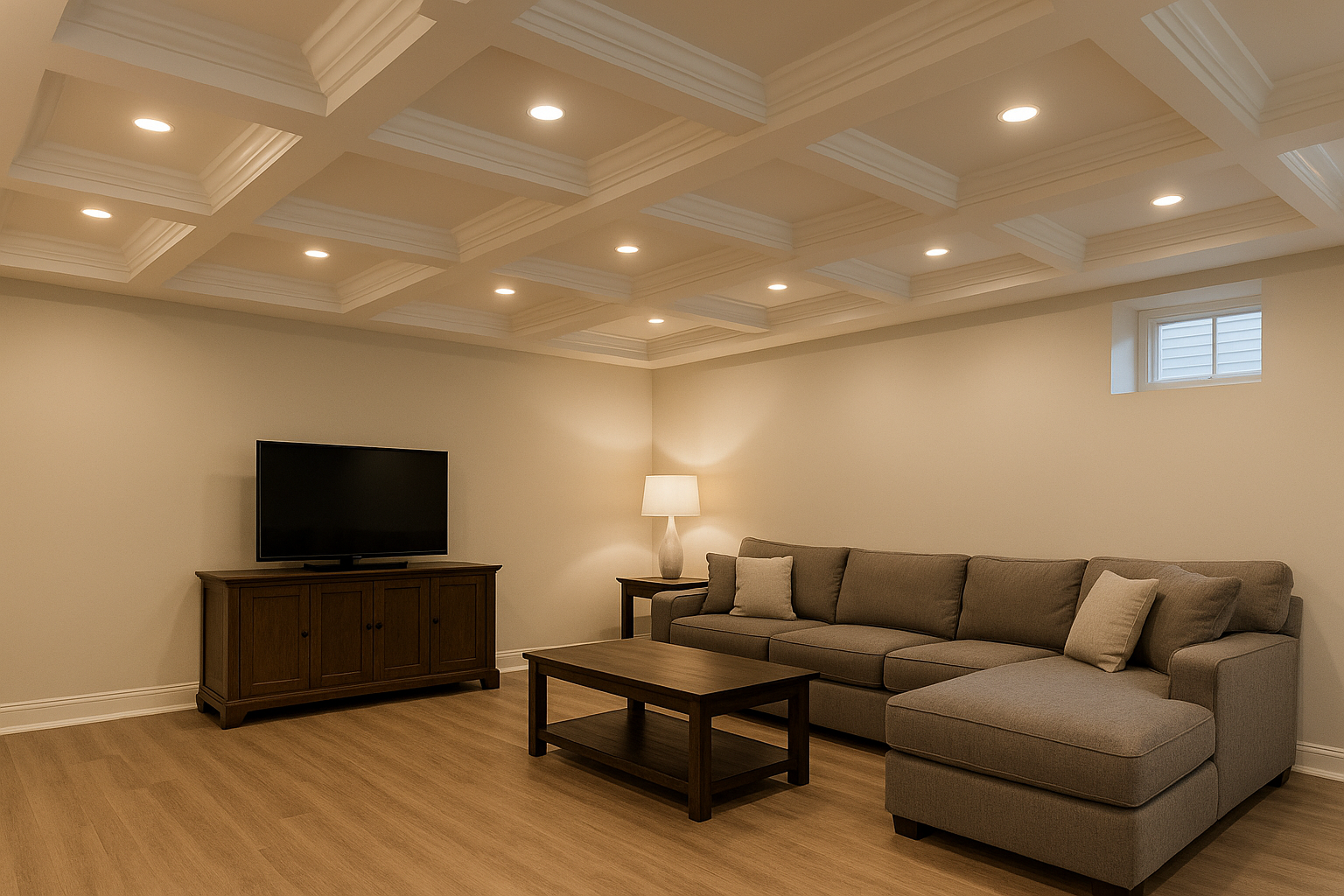 Basement with coffered ceiling featuring square recesses and recessed lighting.