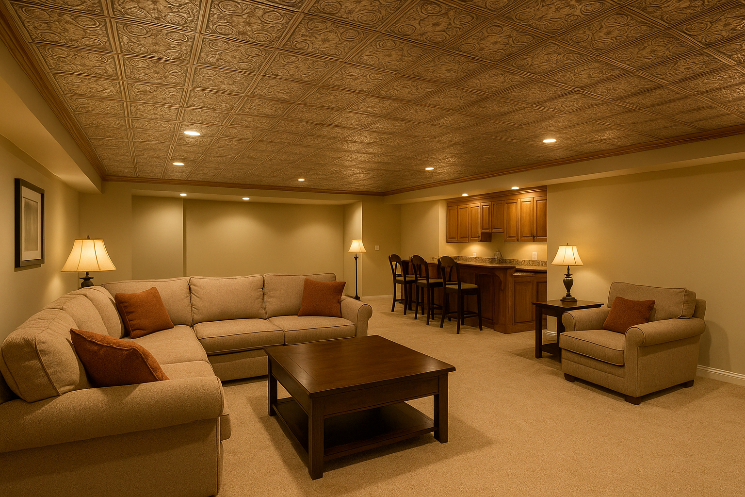 Basement with ornate tin ceiling tiles and warm seating area.