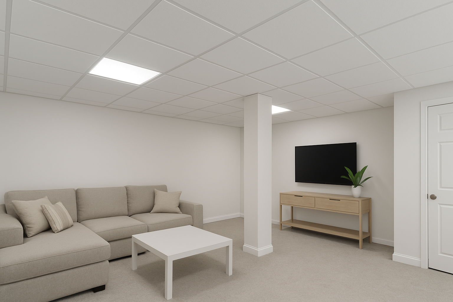 Bright basement with white PVC panel ceiling and minimalistic furniture.