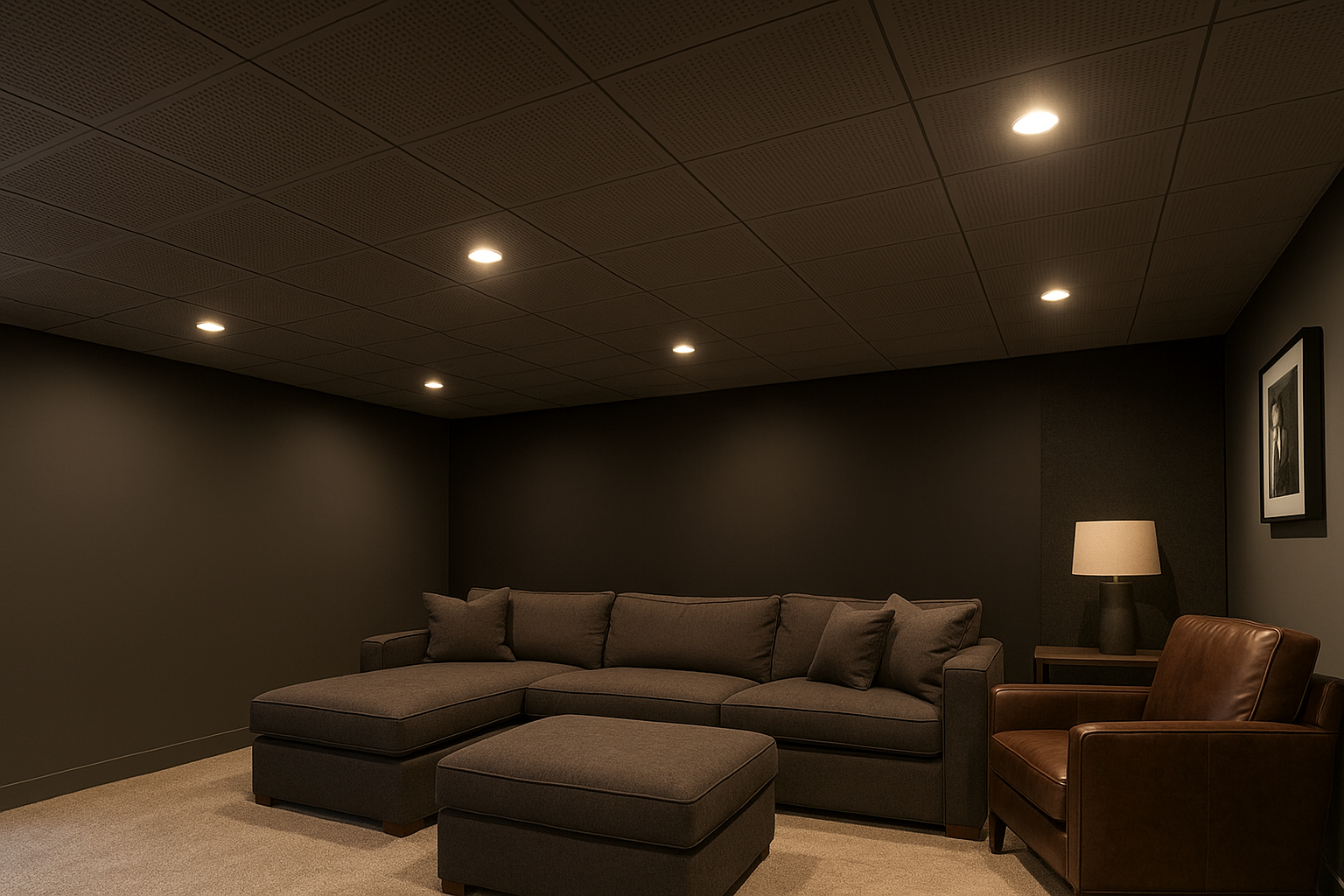 Dark basement home theater with acoustic ceiling panels and sectional sofa.
