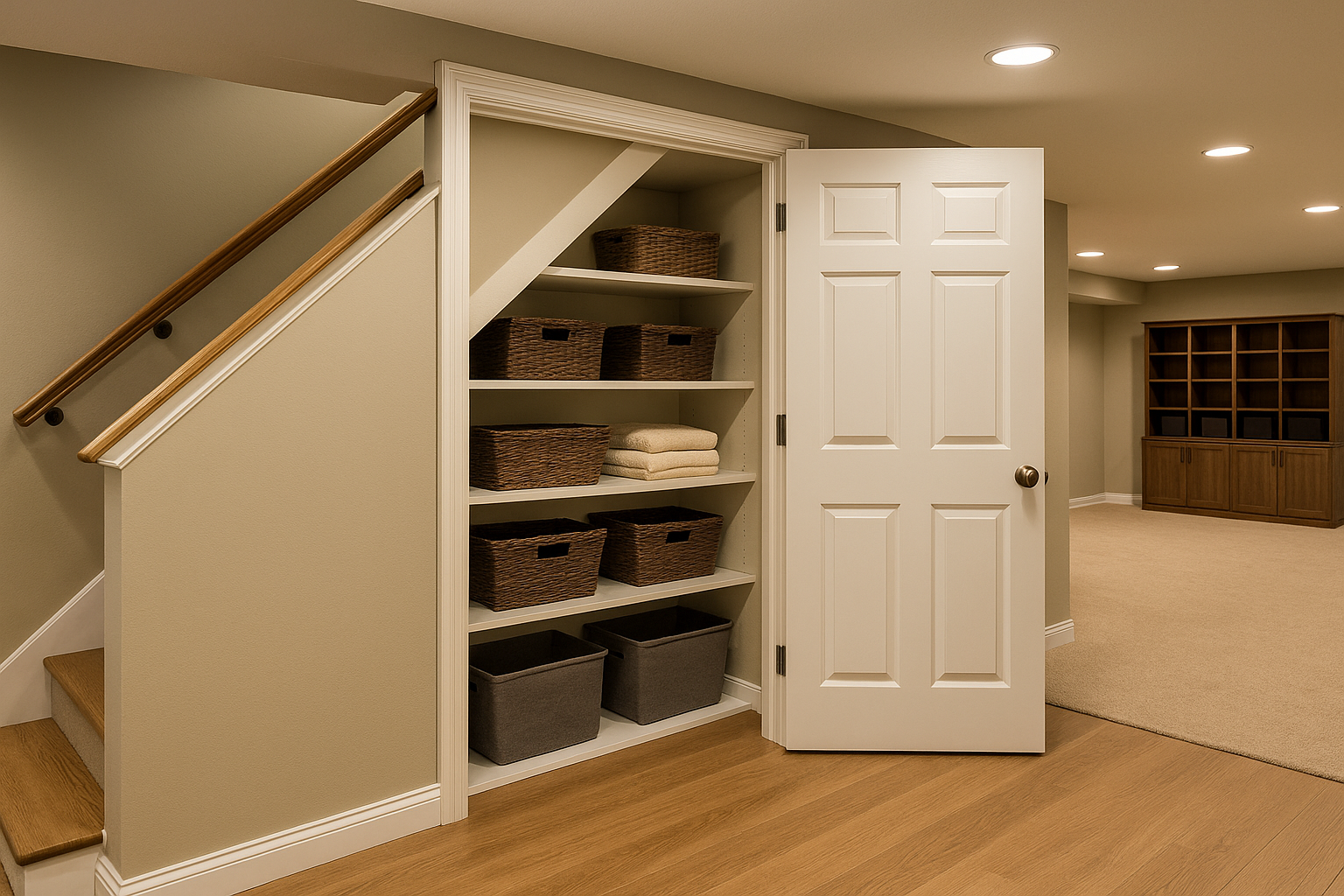 Basement under‑stairs closet with shelves holding baskets and folded blankets.