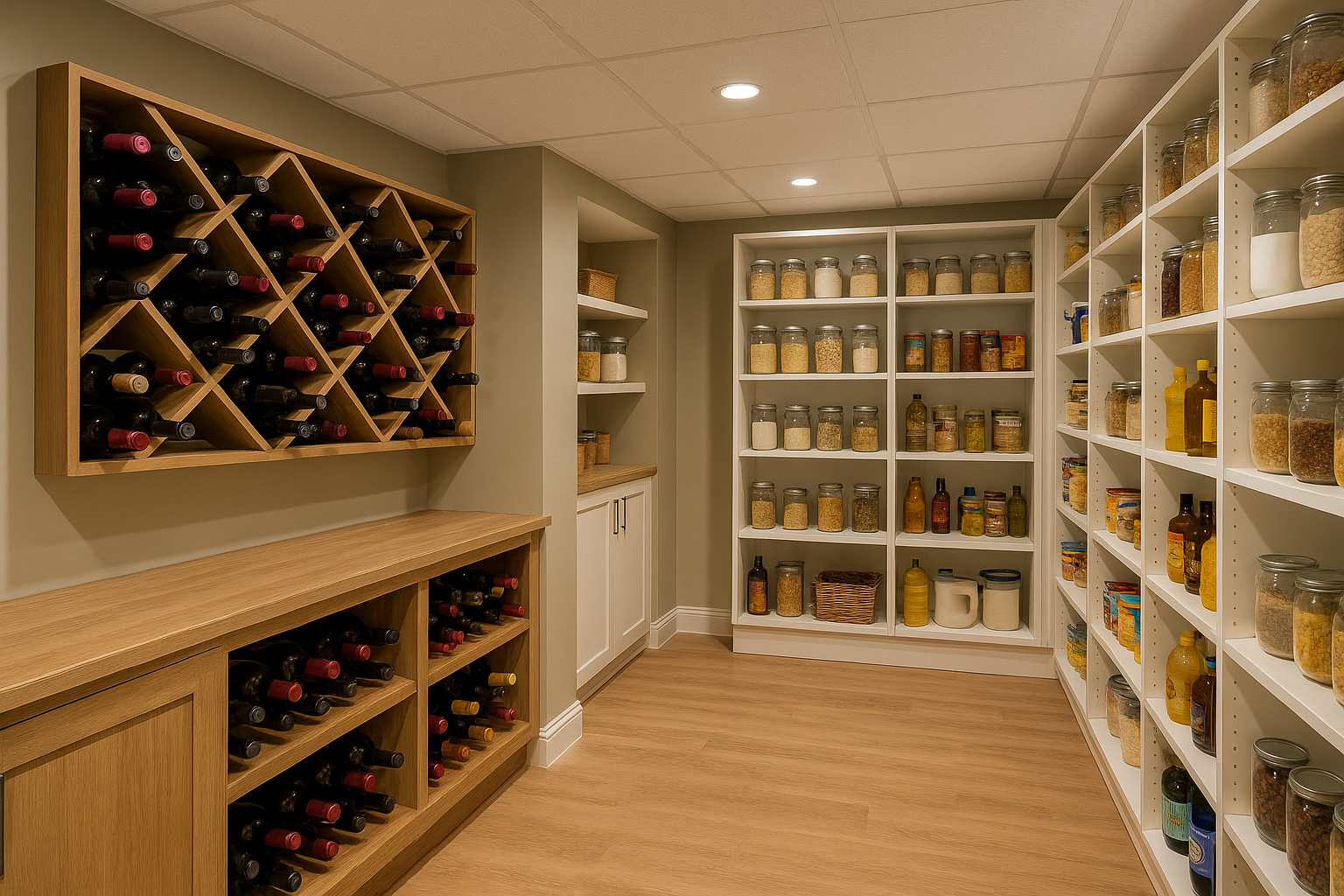 Basement storage room with wood wine racks and shelves filled with pantry jars and bottles.