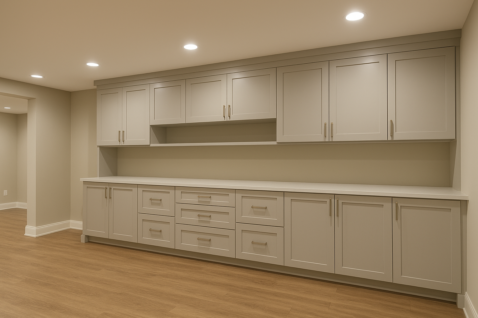 Basement wall with long built‑in cabinets and drawers painted pale gray.