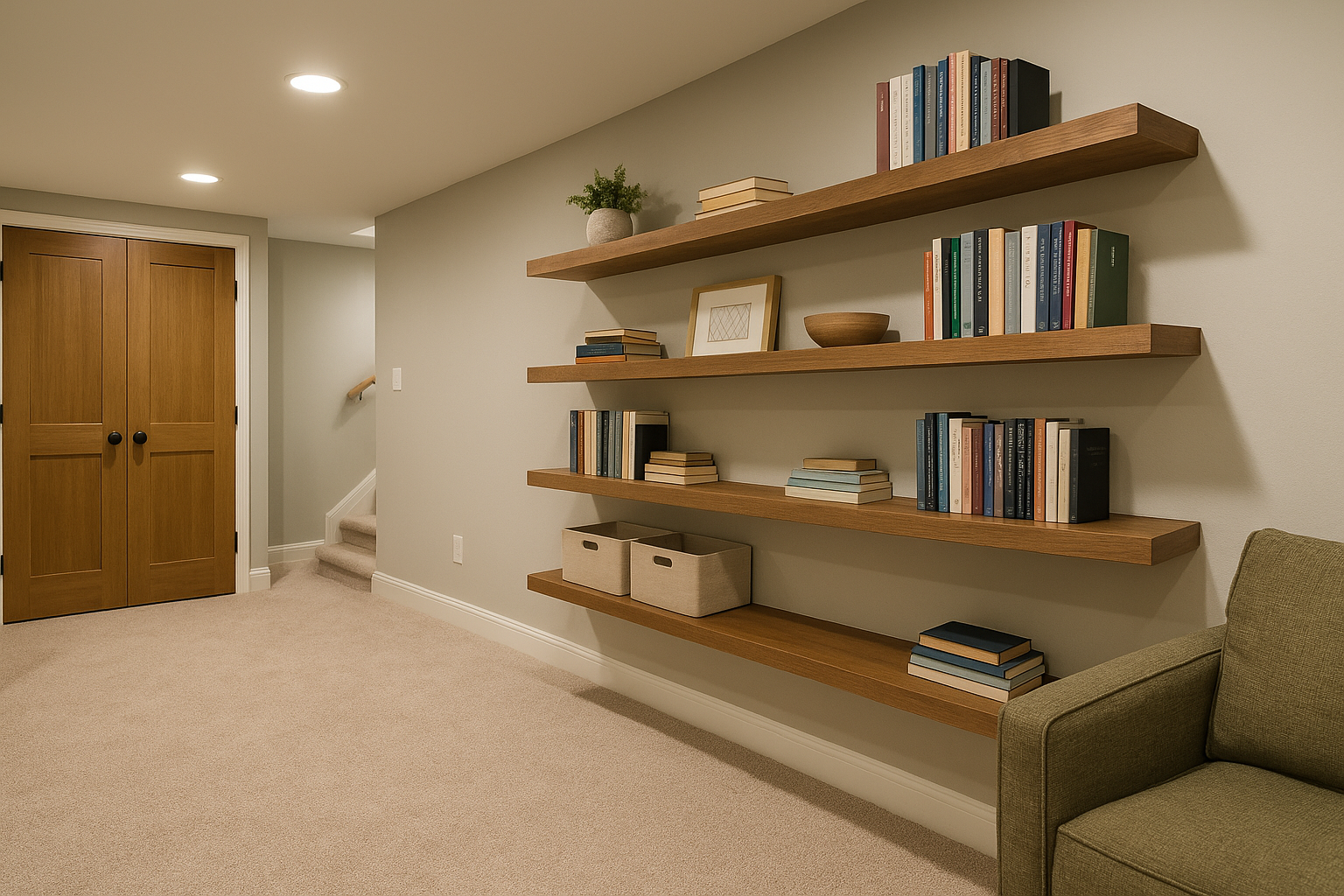 Modern floating shelves on a basement wall holding books, boxes and decor.