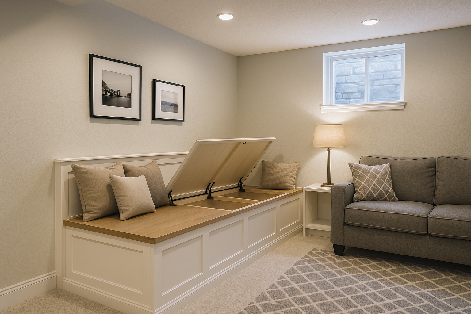 Built‑in storage bench in a basement with a hinged lid revealing compartments.