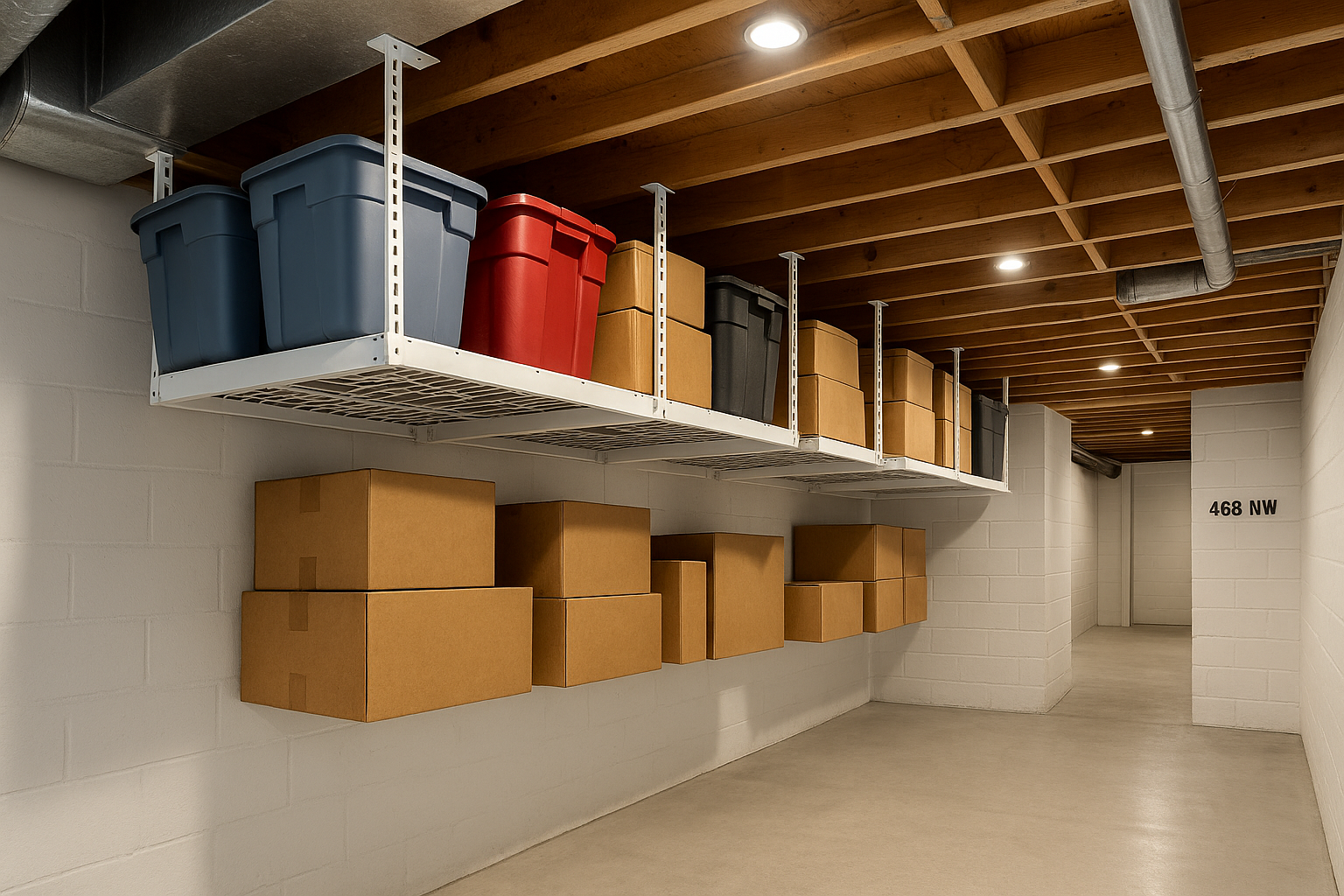 Ceiling‑mounted storage racks holding plastic bins and cardboard boxes in a basement hallway.