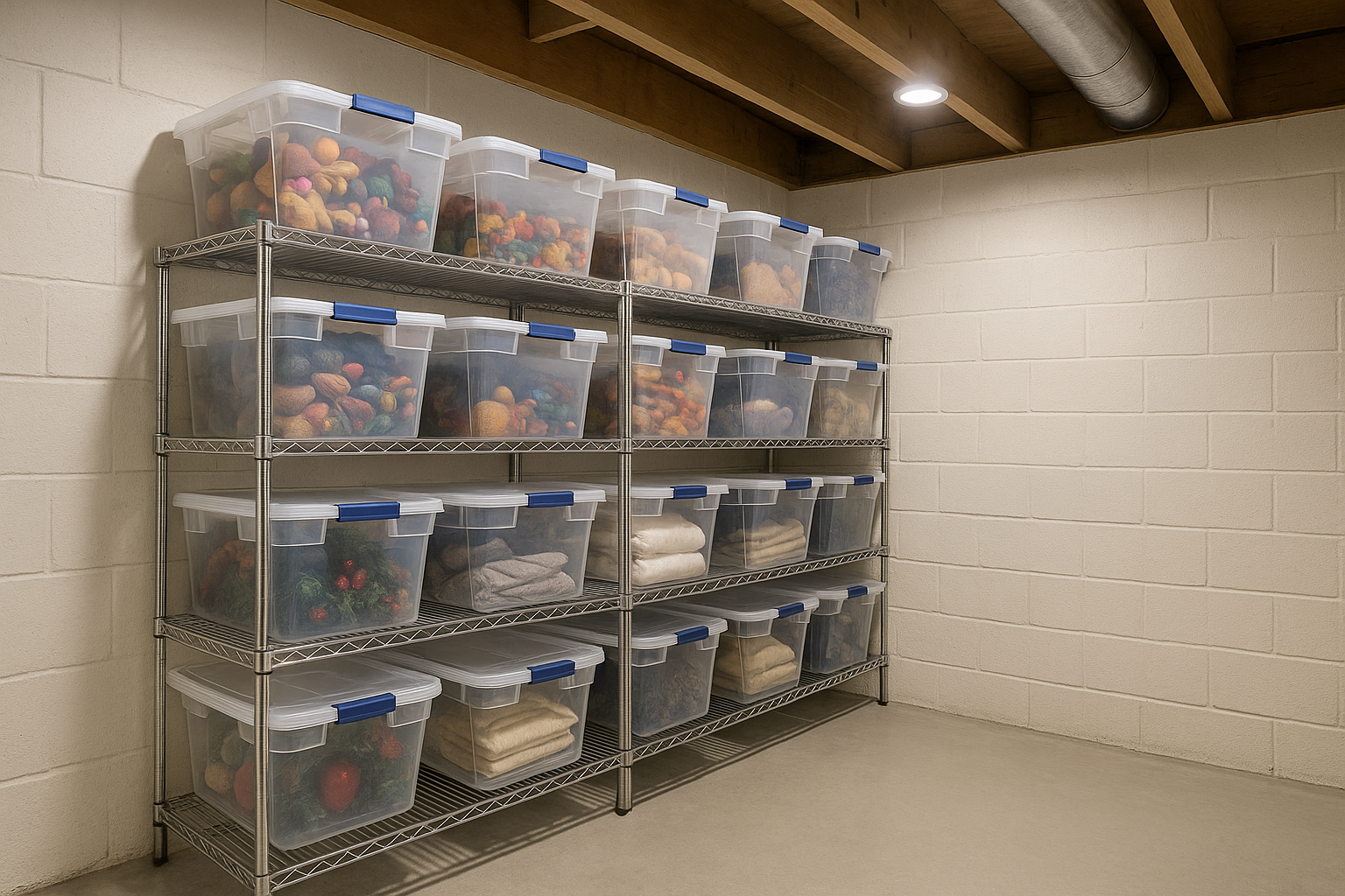 Metal wire shelving units filled with clear plastic storage bins containing seasonal items.