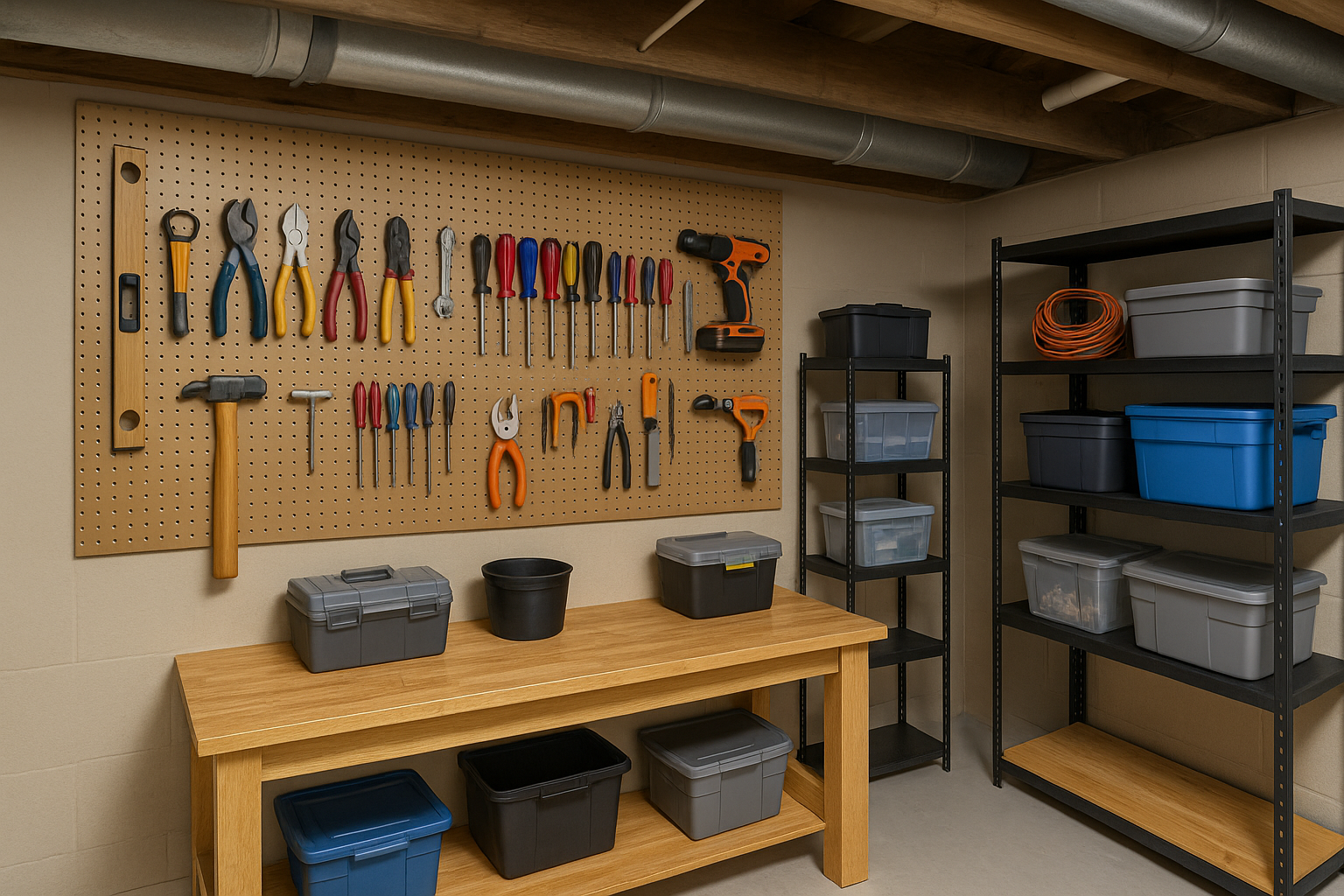 Pegboard storage wall in a basement workshop with organized tools and bins.