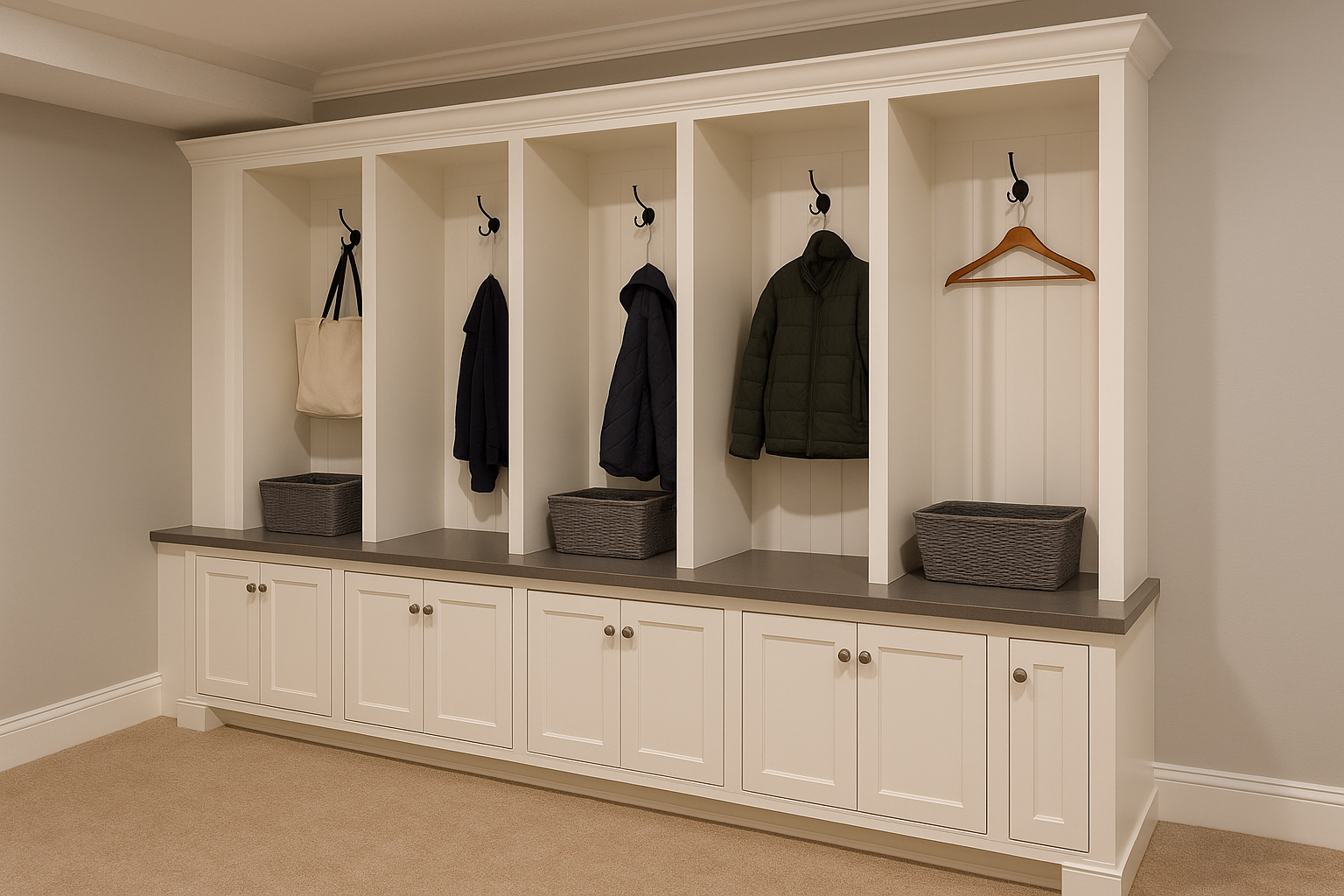 Built‑in mudroom lockers in a basement entry with hooks, cubbies and baskets.