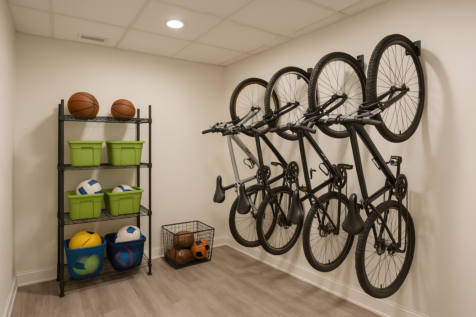 Basement wall with bikes mounted vertically on racks and shelves holding sports balls and gear.